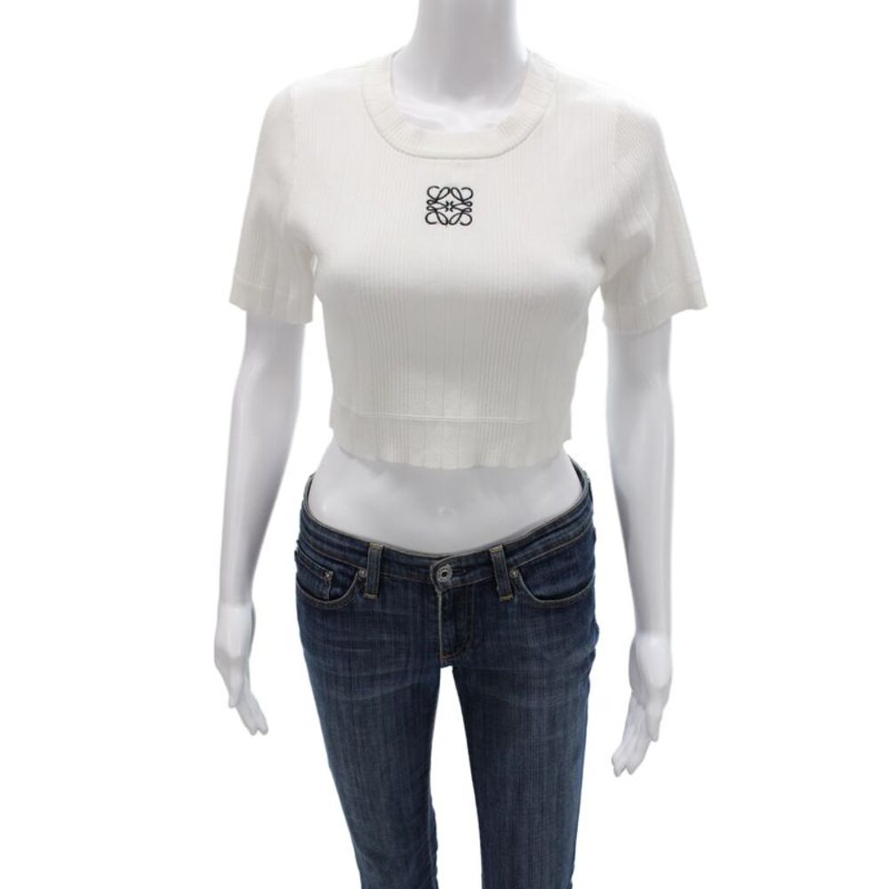 Loewe Women Cropped Striped Ribbed Crew Neck T-Shirt Short Sleeve White Size M